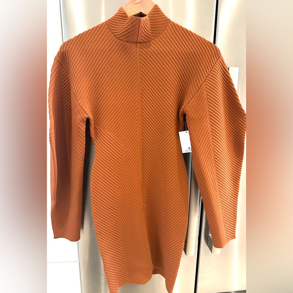 High-neck dress, long puff sleeves.Contoured seams for a figure-skimming fit